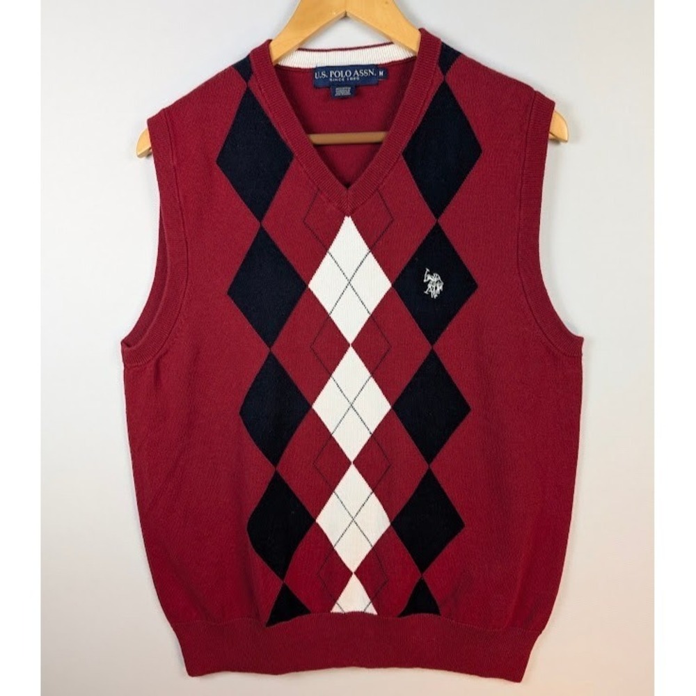 US Polo Assn Argyle Sweater Vest Mens M Burgundy V-Neck 100% Cotton 39" Chest